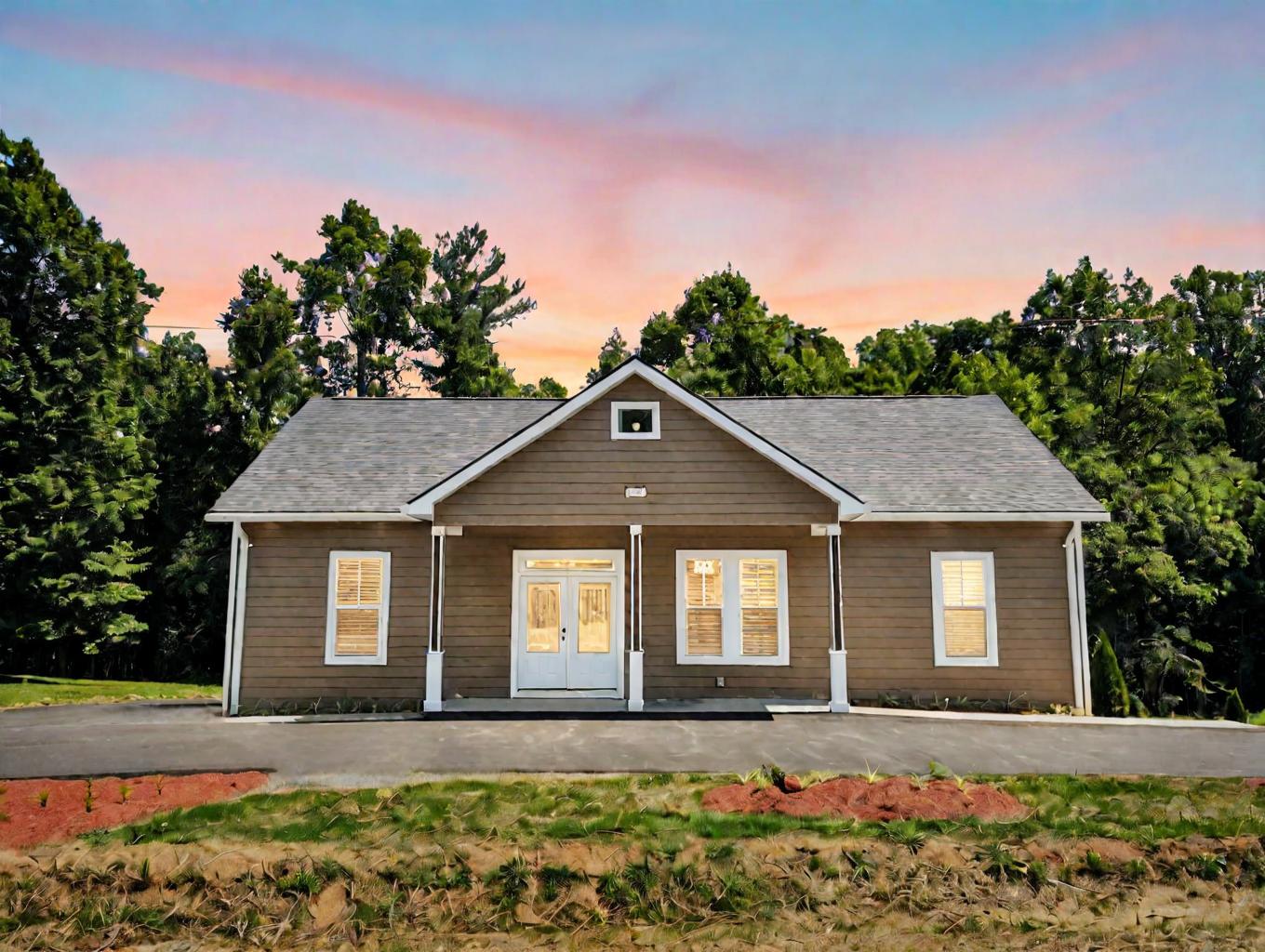 Front of the finished Watson Rd home at dusk with lit windows and glass double doors